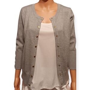 Carmen Marc Valvo Gray Cardigan with Gold Buttons